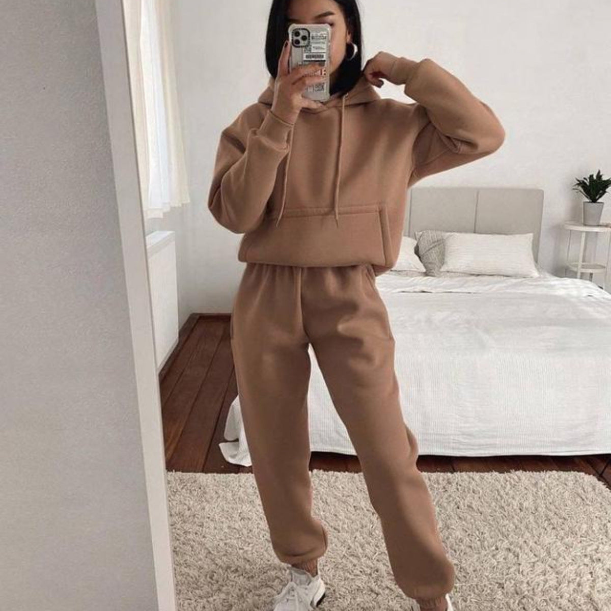 Damen lässiger Fleece-Sweatsuit mit cropped Hoodie und elastischer Hose Stalluxe