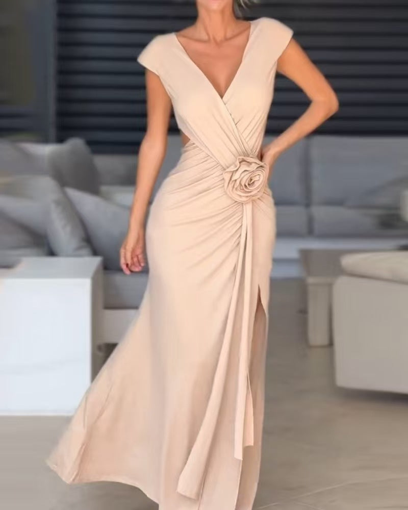 Damen Elegantes Maxikleid mit raffiniertem Wickeldesign und Blumenapplikation Stalluxe