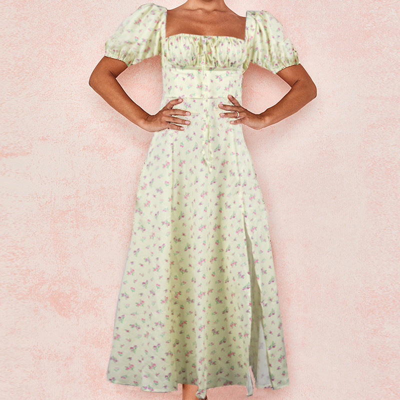 Damen Blumenkleid mit Schößchen und hoher Schlitze Stalluxe