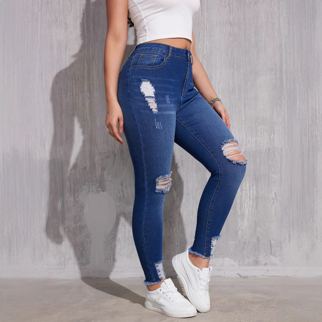 Damen Ripped Skinny Jeans mit hohem Bund und modischen Ziernähten Stalluxe