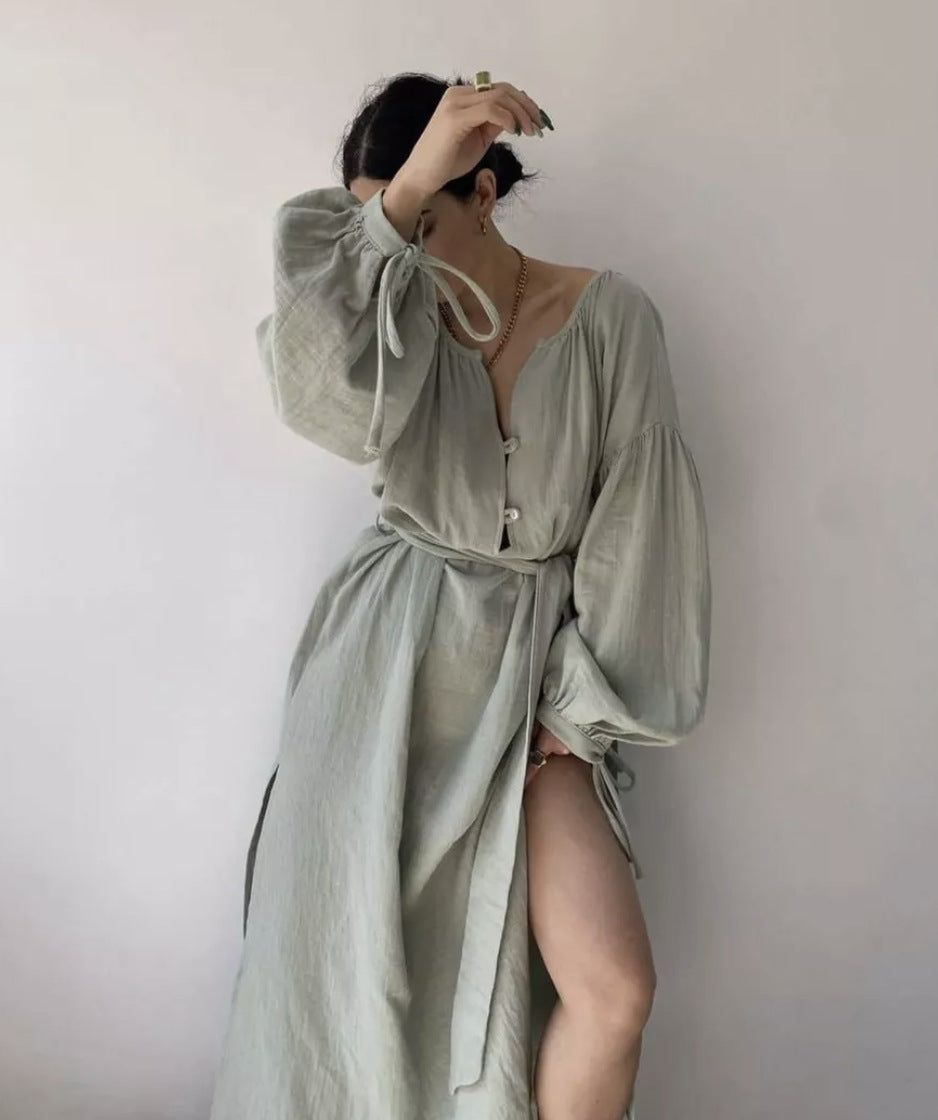 Damen elegantes Maxikleid mit Taillengürtel und Ballonärmeln Stalluxe