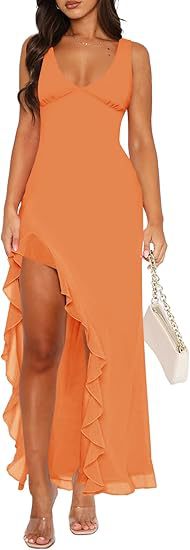 Damen Maxikleid mit asymmetrischem Saum und Rüschendetails Stalluxe