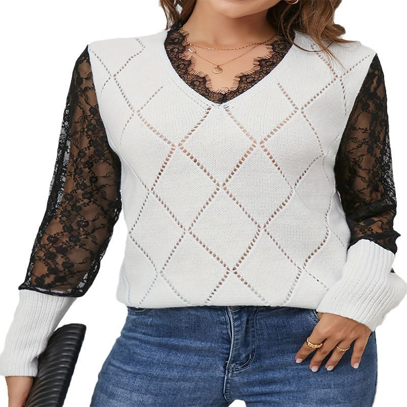 Damen Strickpullover mit eleganten Spitzenärmeln und rautenförmigem Muster Stalluxe