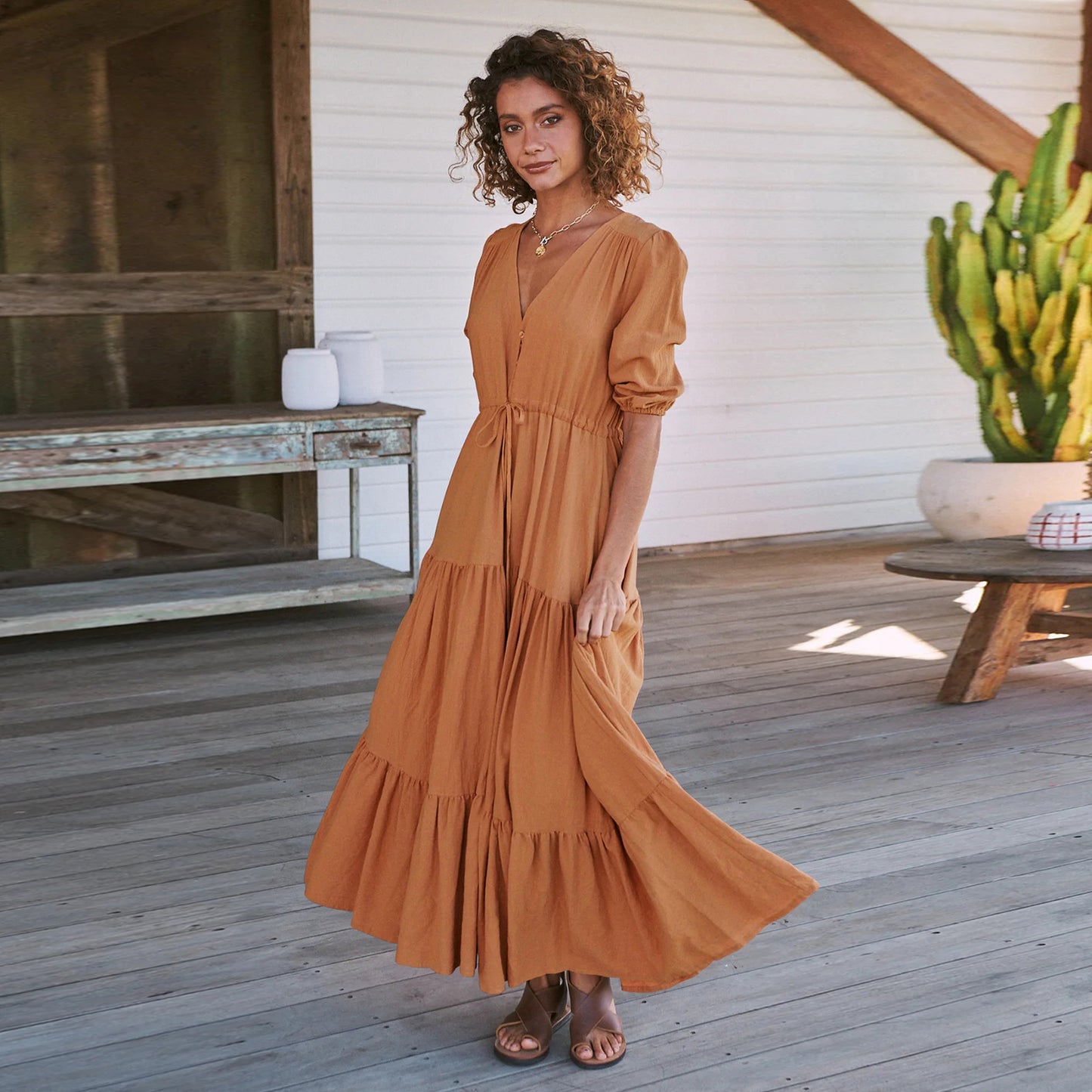 Damen Maxi Kleid mit V-Ausschnitt und Ballonärmeln Stalluxe