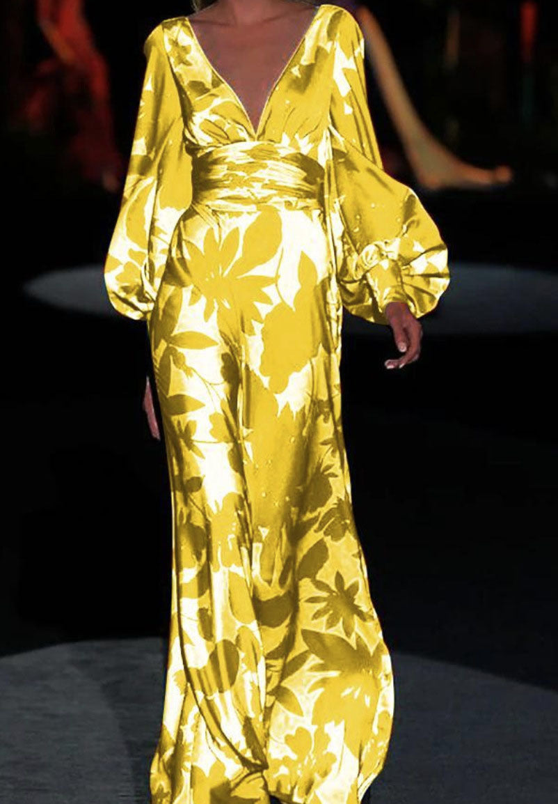 Damen Maxi-Kleid mit tiefem V-Ausschnitt und voluminösen Ärmeln Stalluxe