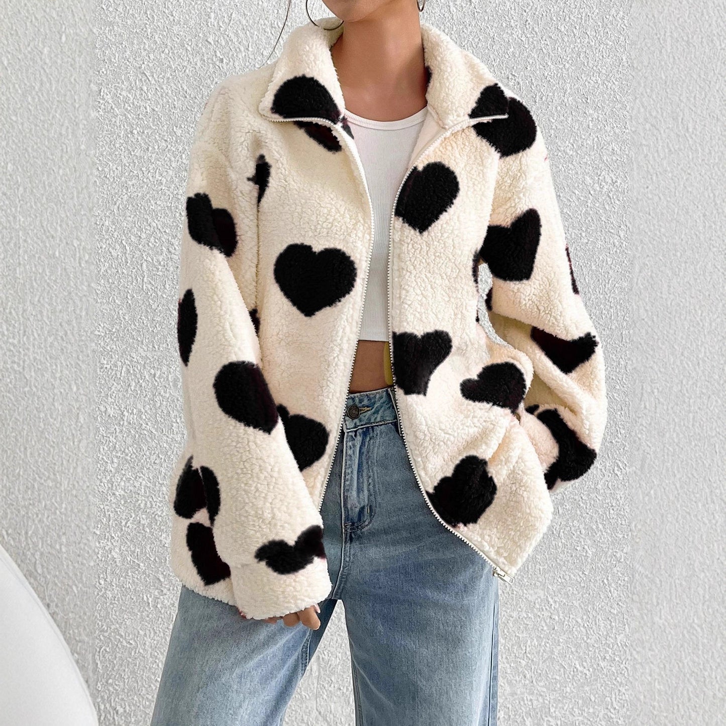 Damen kuschelige Fleecejacke mit herzförmigem Muster und hohem Kragen Stalluxe