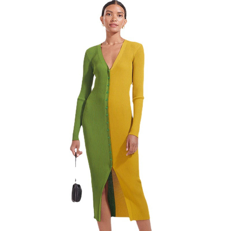 Damen Knopf-Design Maxikleid mit tiefem V-Ausschnitt und Rippstruktur Stalluxe