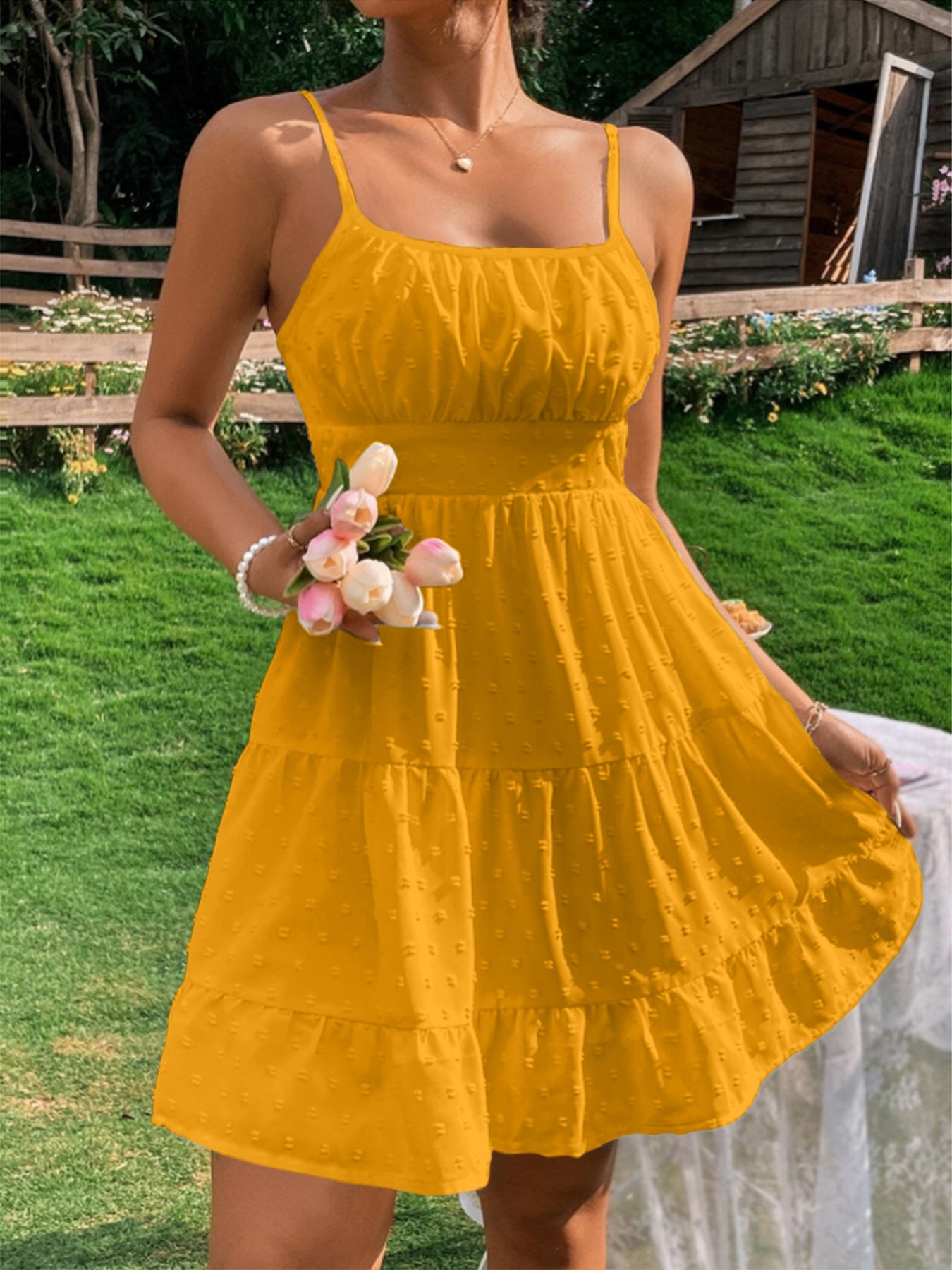 Damen Sommerkleid mit Rüschen und verstellbaren Spaghettiträgern Stalluxe