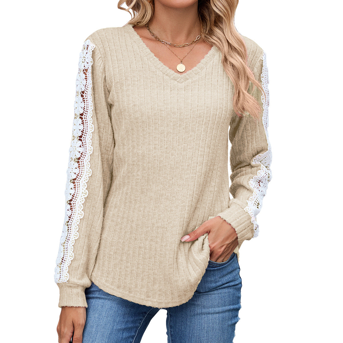 Damen Relaxed Fit V-Ausschnitt Pullover mit Spitzenakzenten Stalluxe