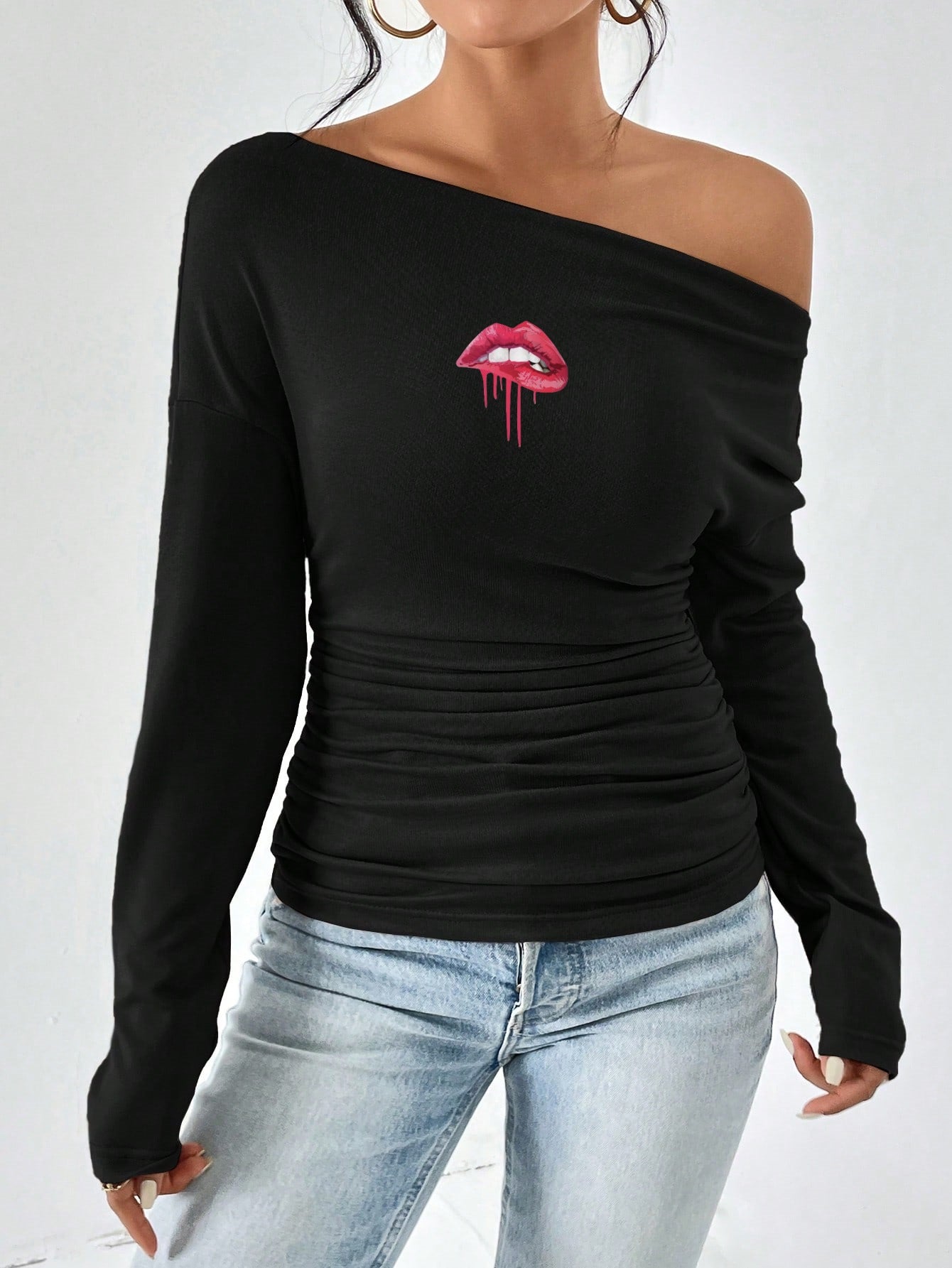 Damen figurbetontes Langarmtop mit asymmetrischem Ausschnitt und Raffungen Stalluxe