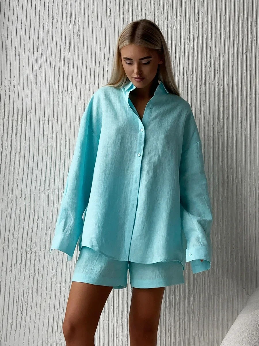 Damen lässige Leinenbluse und Shorts Set Stalluxe