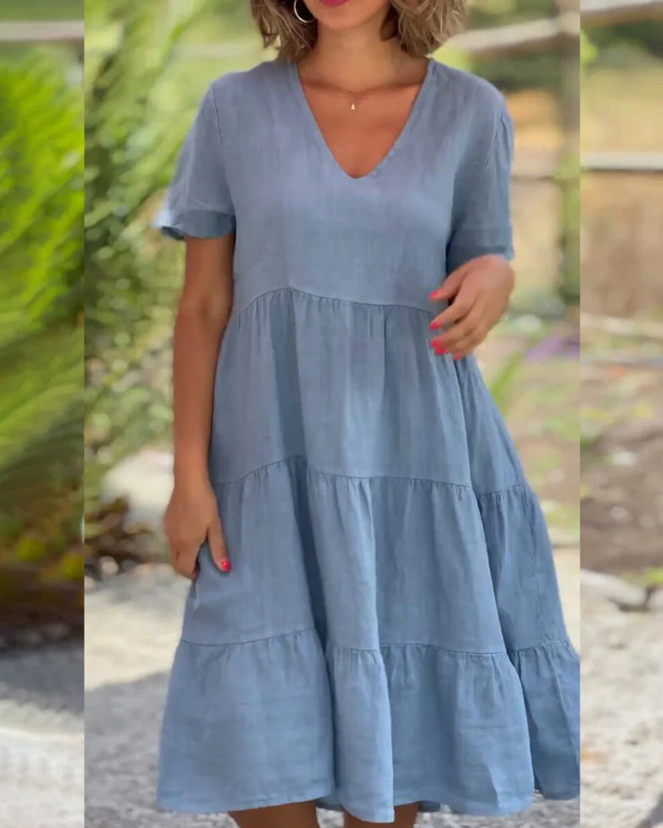 Damen V-Ausschnitt Volantkleid aus leichter Baumwolle Stalluxe