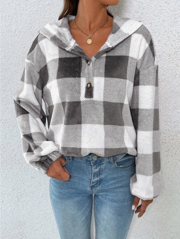 Damen Oversized Karo-Hoodie mit Knopfleiste und breiten Ärmeln Stalluxe