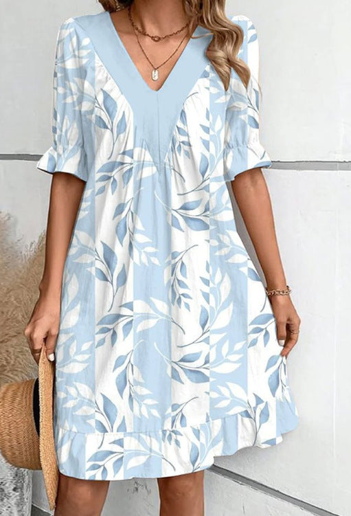 Damen Freizeitkleid mit tiefem V-Ausschnitt und modischen Puffärmeln Stalluxe