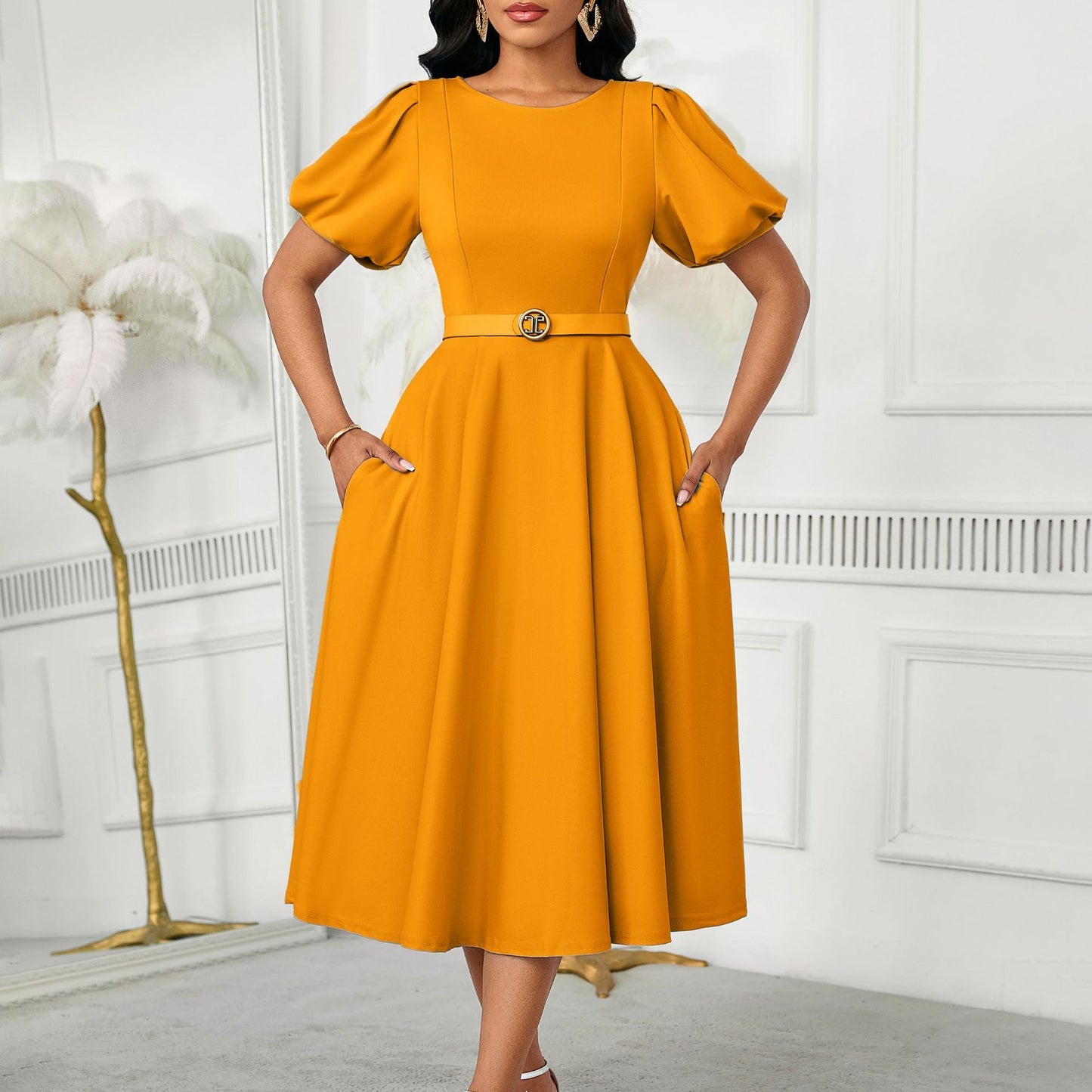 Damen Midi-Kleid mit voluminösen Puffärmeln, elegantem Taillengürtel und schwingendem Rock Stalluxe