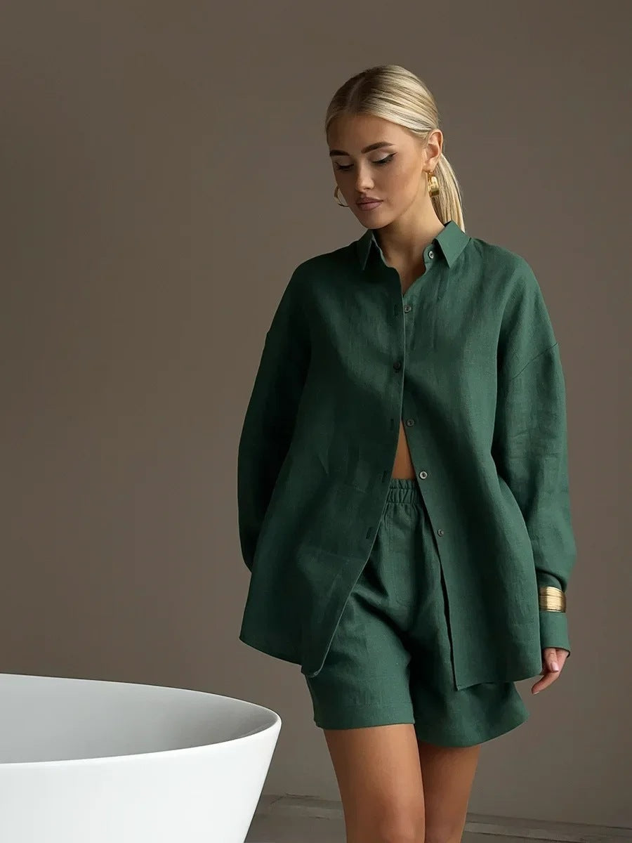 Damen lässige Leinenbluse und Shorts Set Stalluxe