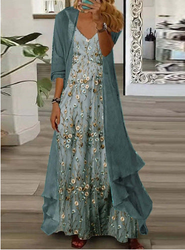 Damen Maxi-Kleid mit zarten Blüten und elegantem Überwurf Stalluxe