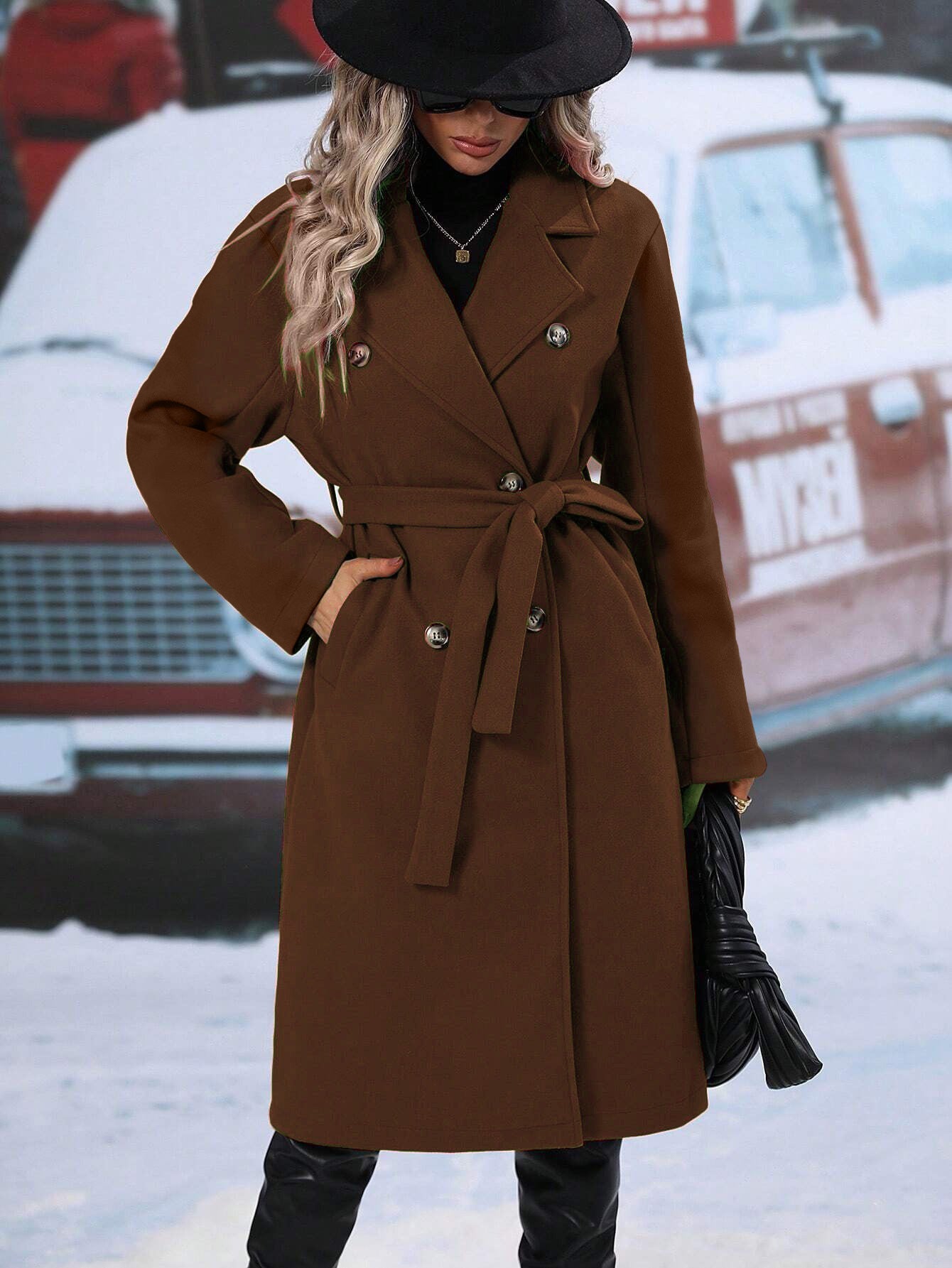 Damen eleganter Wollmantel mit doppelter Knopfleiste und Taillengürtel Stalluxe