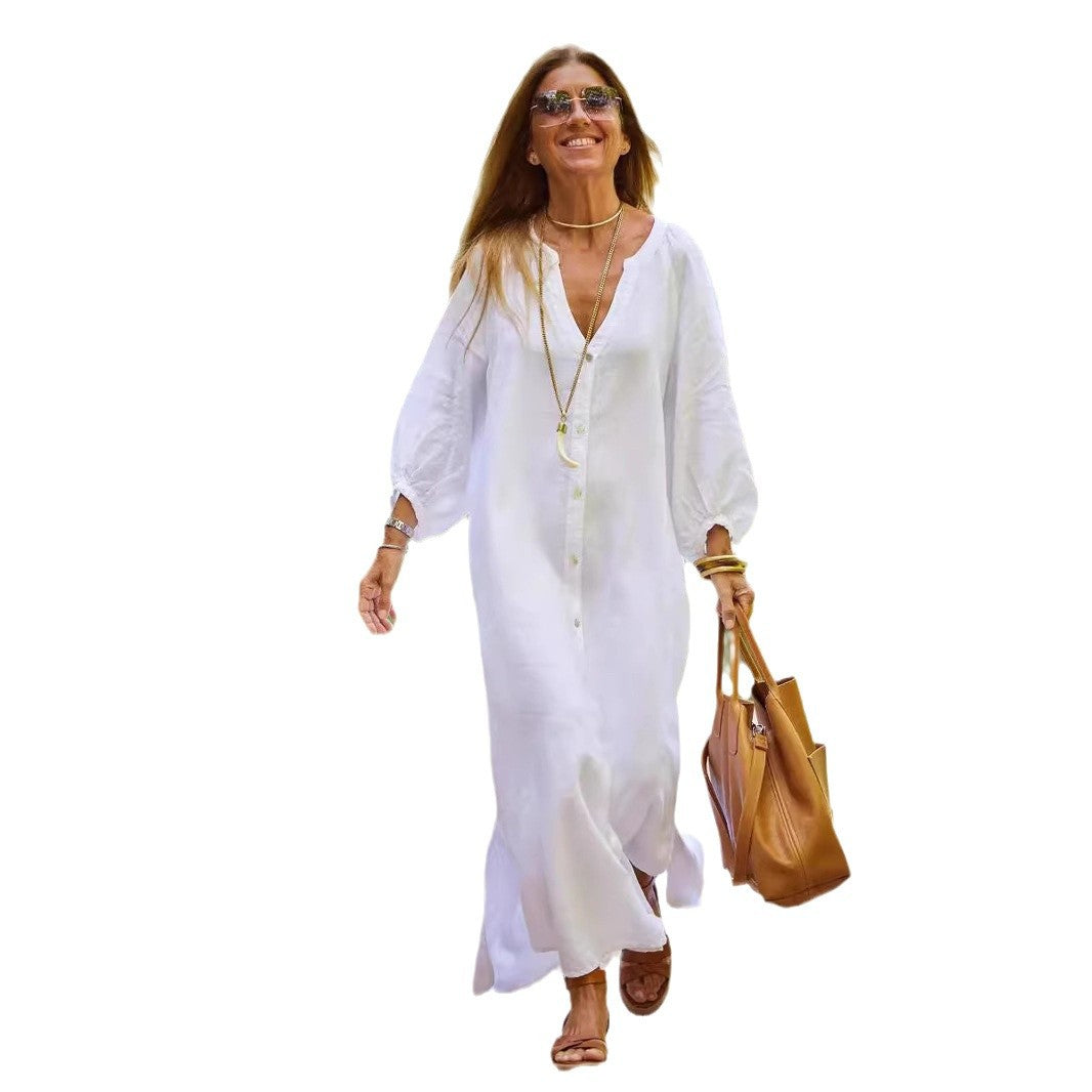 Women's Long Linen Button-Up Dress Stalluxe