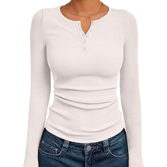 Damen Figurbetontes Langarmshirt mit Knopfleiste und Rippstruktur Stalluxe