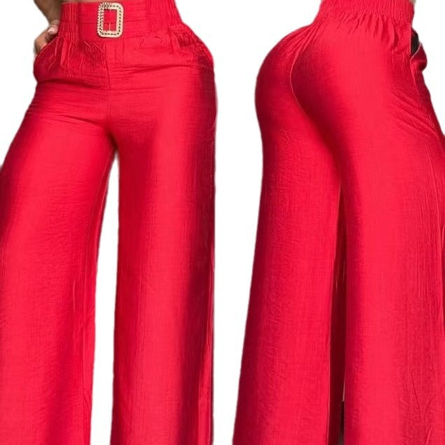 Damen Weite Palazzo-Hose mit hochtailliertem Bund und dekorativem Gürtel Stalluxe