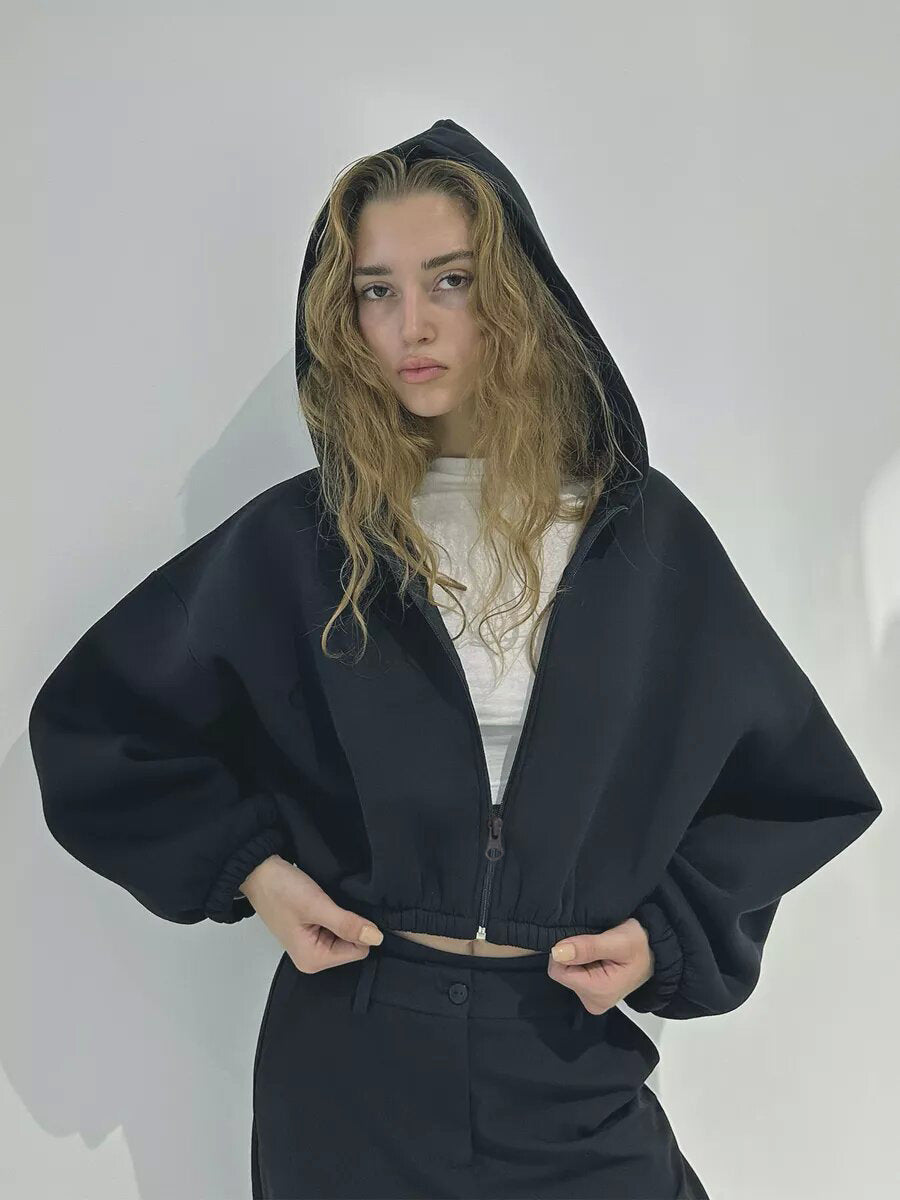 Damen cropped Kapuzenpullover mit voluminösen Ärmeln Stalluxe