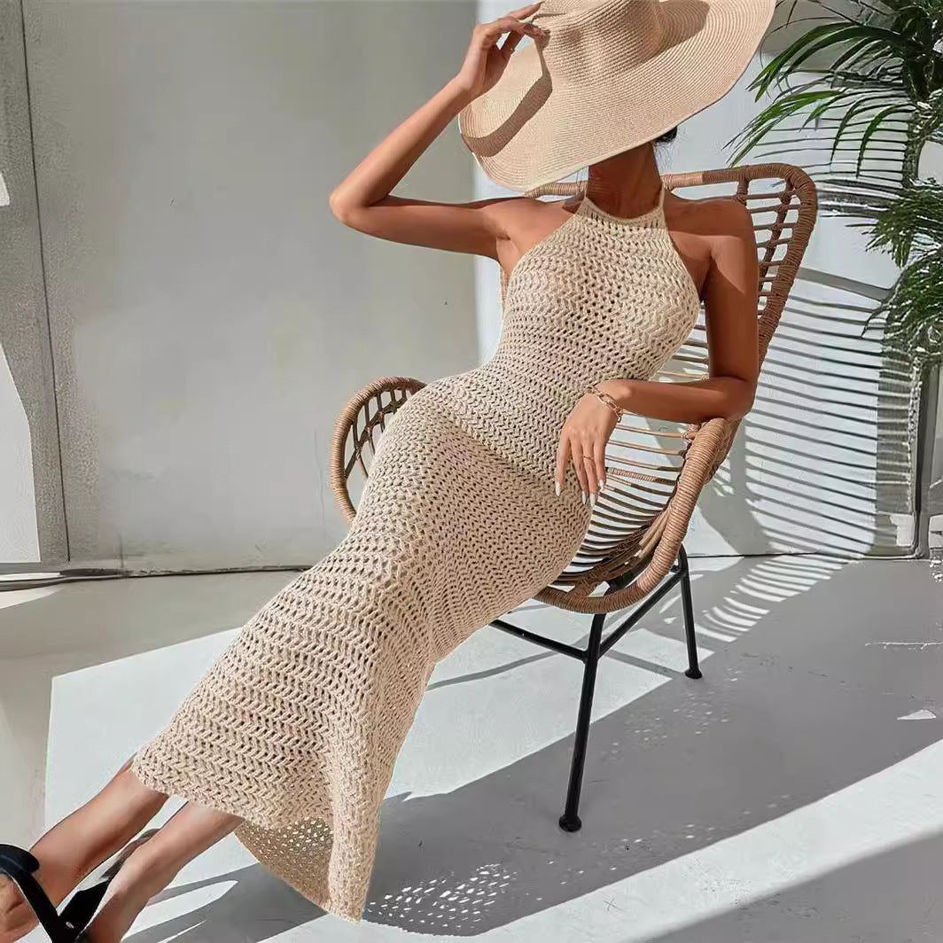 Damen Langarm-Halfterkleid aus luftiger Häkelstruktur Stalluxe