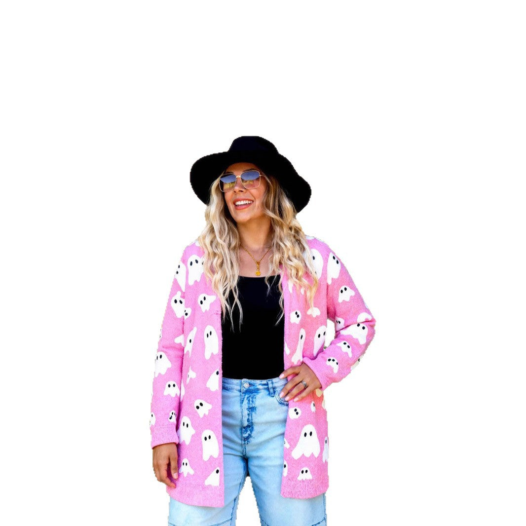 Damen Geister-Motiv Strickjacke mit langen Ärmeln Stalluxe