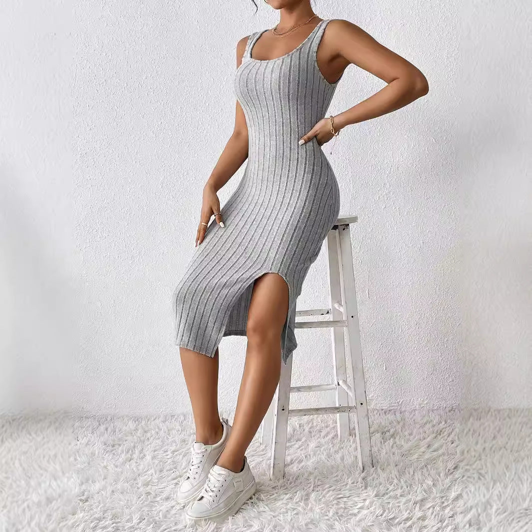 Damen Körperbetontes Rippkleid mit seitlichem Schlitz und Quadrat-Ausschnitt Stalluxe