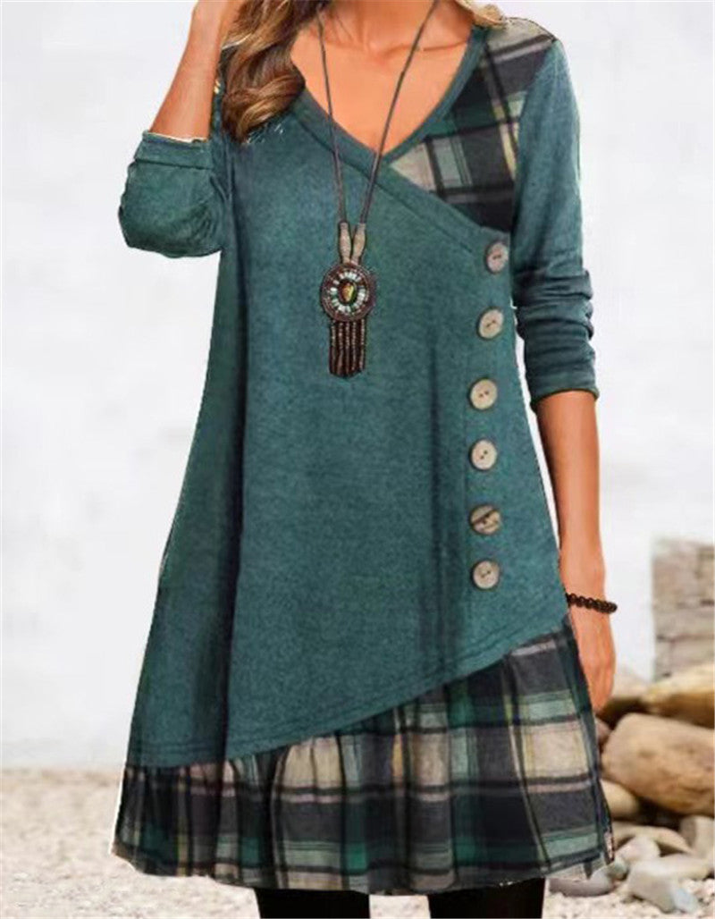 Damen asymmetrisches Freizeitkleid mit kariertem Saum und Knopfdetail Stalluxe