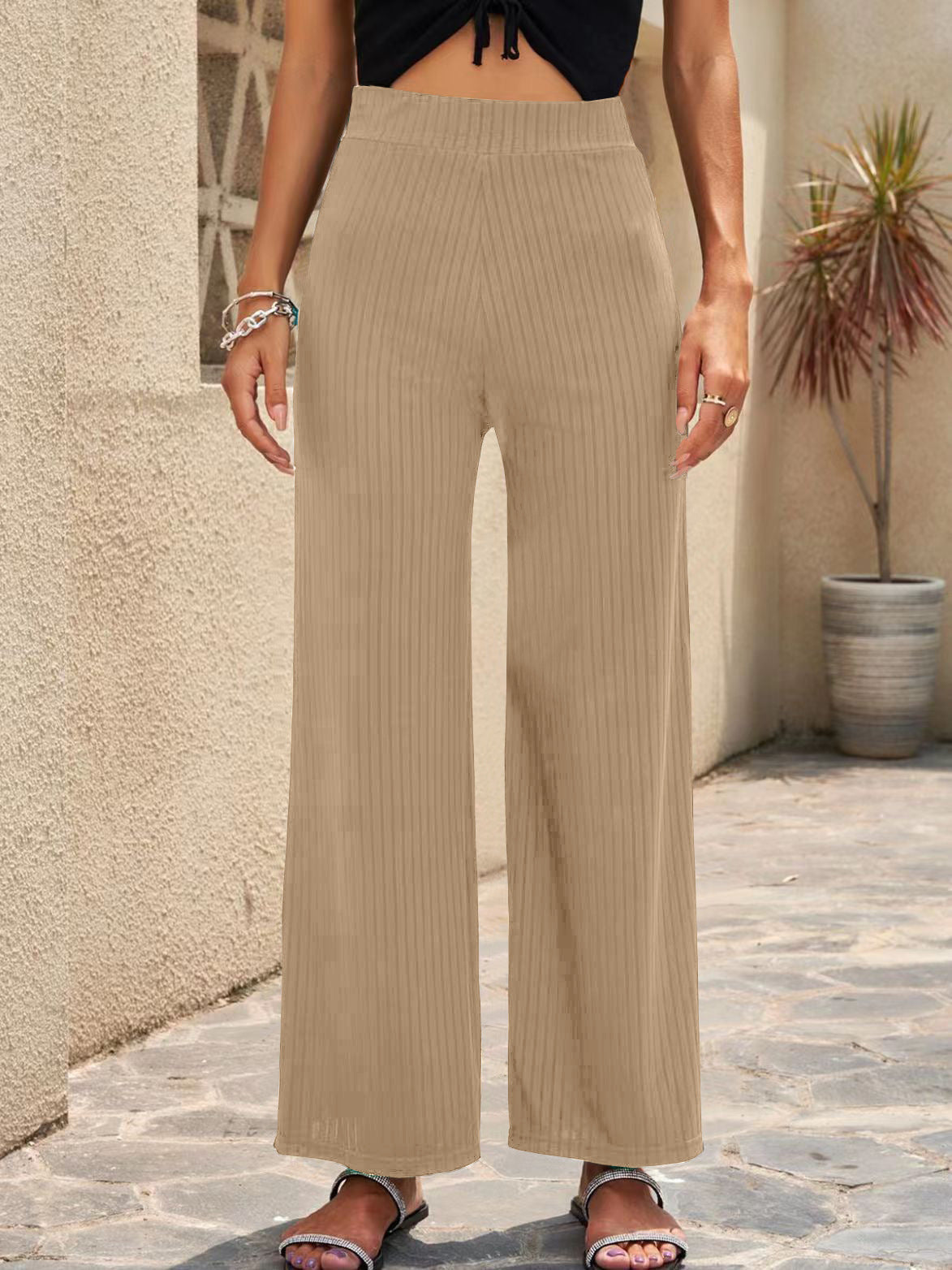 Damen elegante weit geschnittene Sommerhose mit feiner Rippstruktur Stalluxe