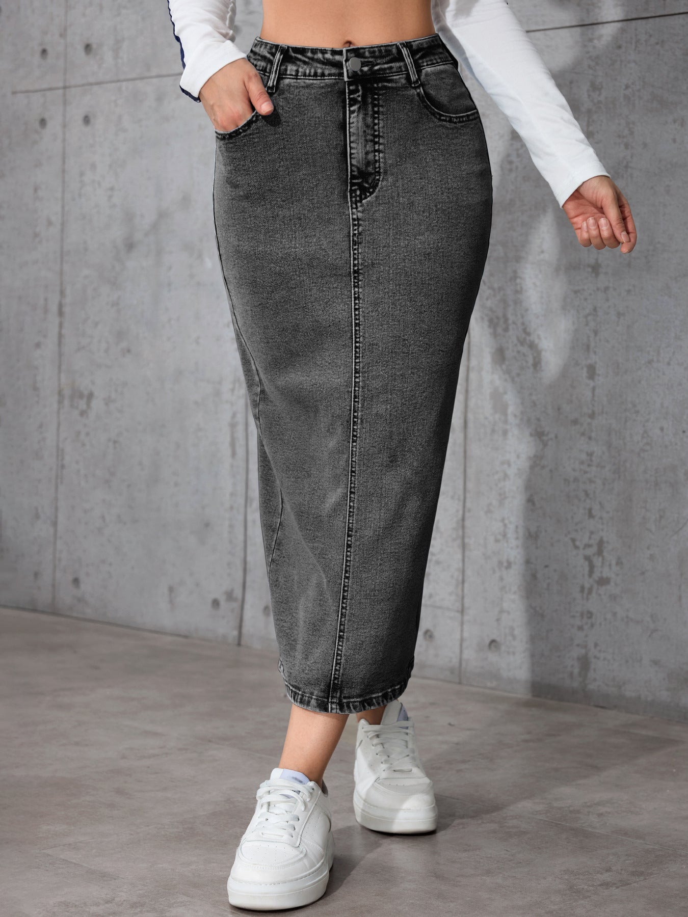 Damen Langer Jeansrock mit hohem Bund Stalluxe