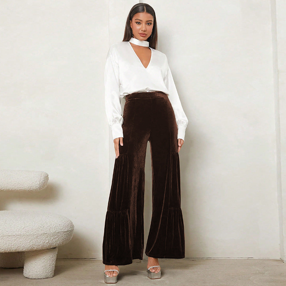 Damen Weit geschnittene Plüsch-Hose mit Falten und hohem Bund Stalluxe