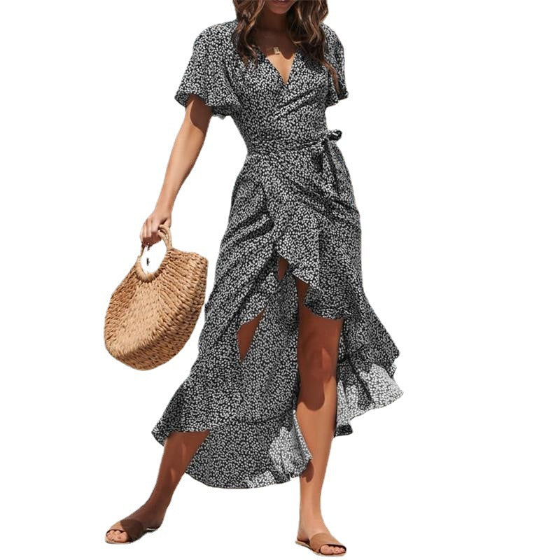 Damen Maxi-Wickelkleid mit fließendem Saum und verspielten Rüschen Stalluxe