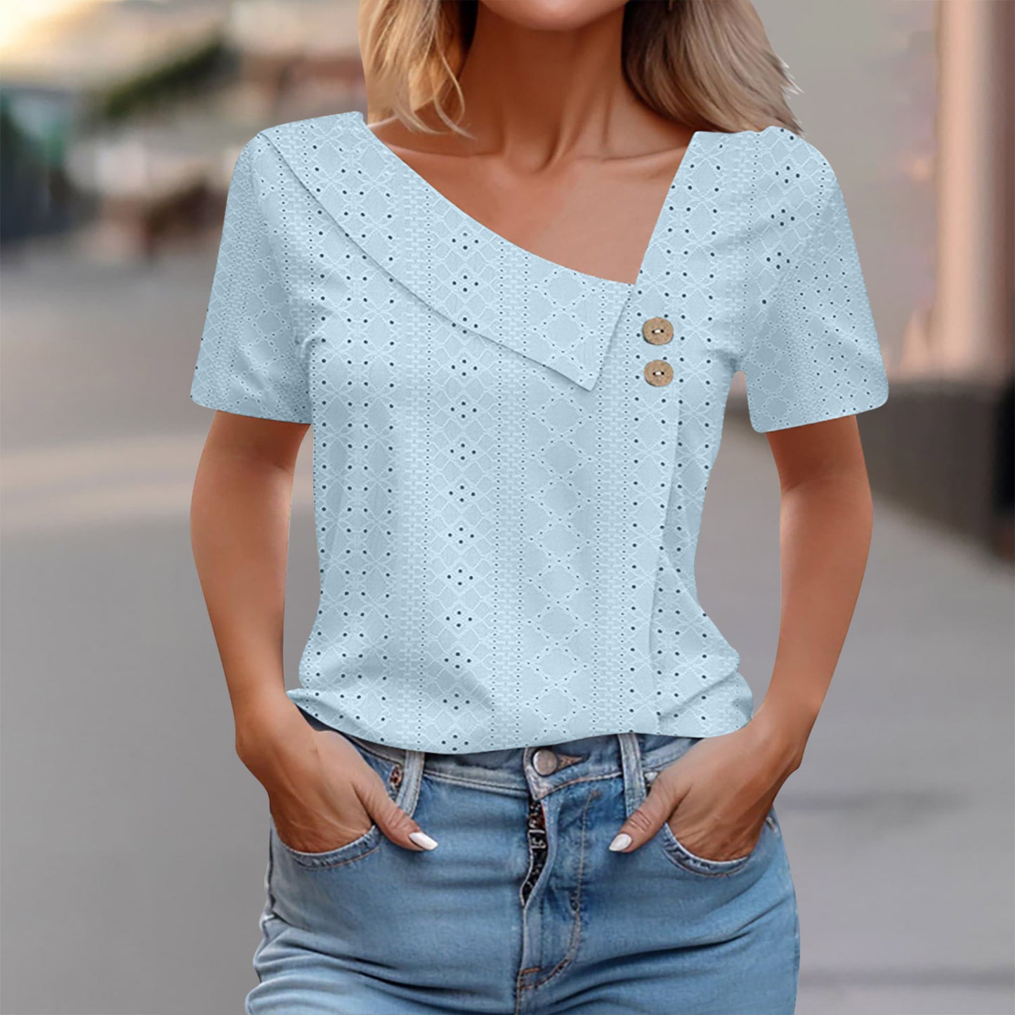 Women's Eyelet Patterned Button-Up Top Stalluxe