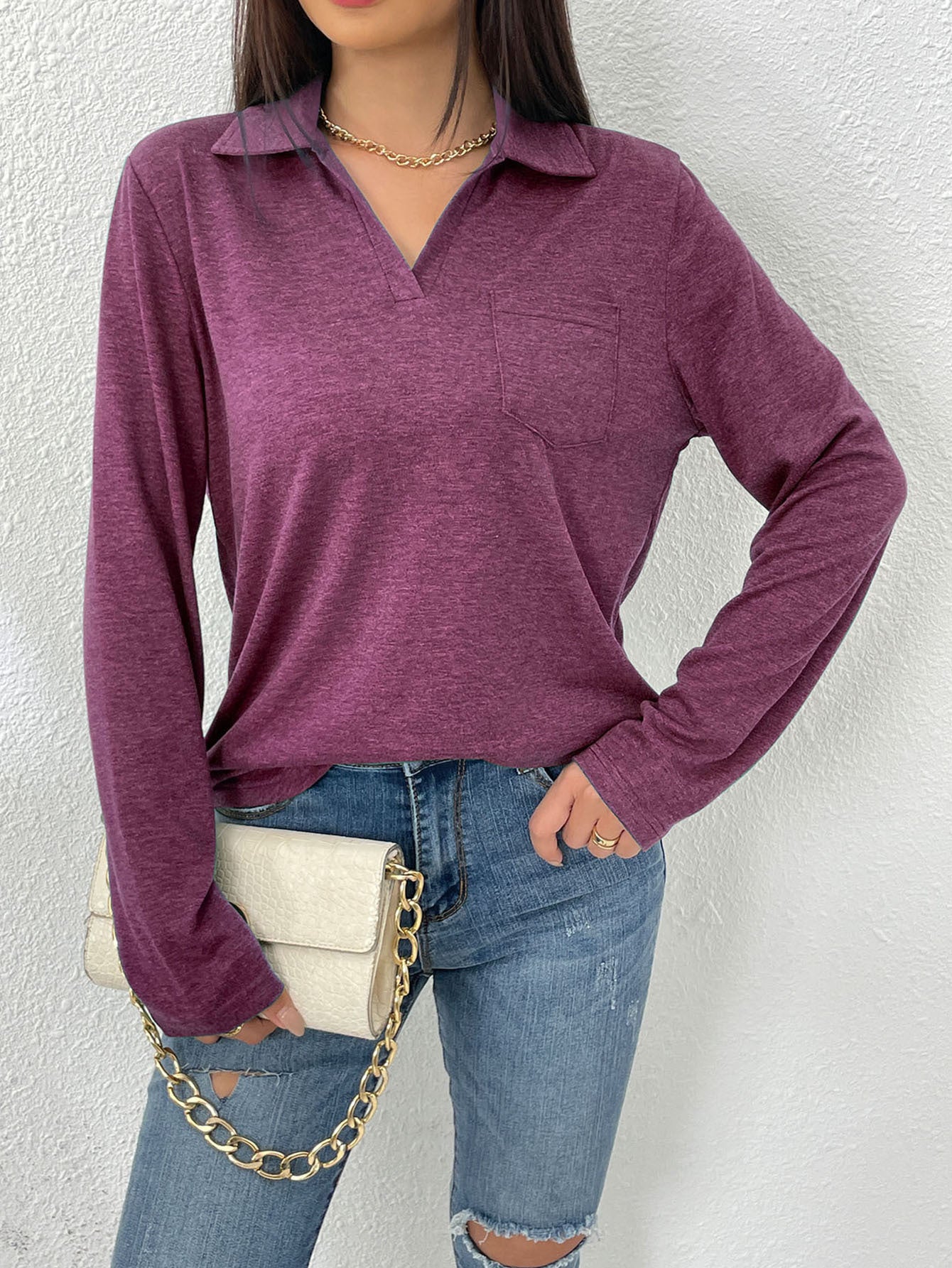 Damen Langarmbluse mit modernem Kragen und Brusttasche Stalluxe