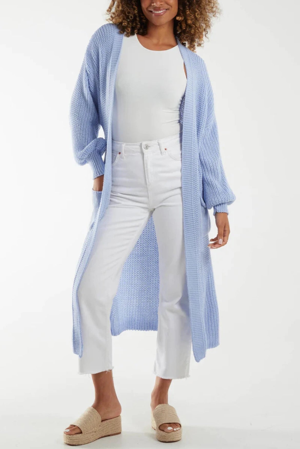 Damen Langer Strickcardigan mit voluminösen Ärmeln und offenem Schnitt Stalluxe