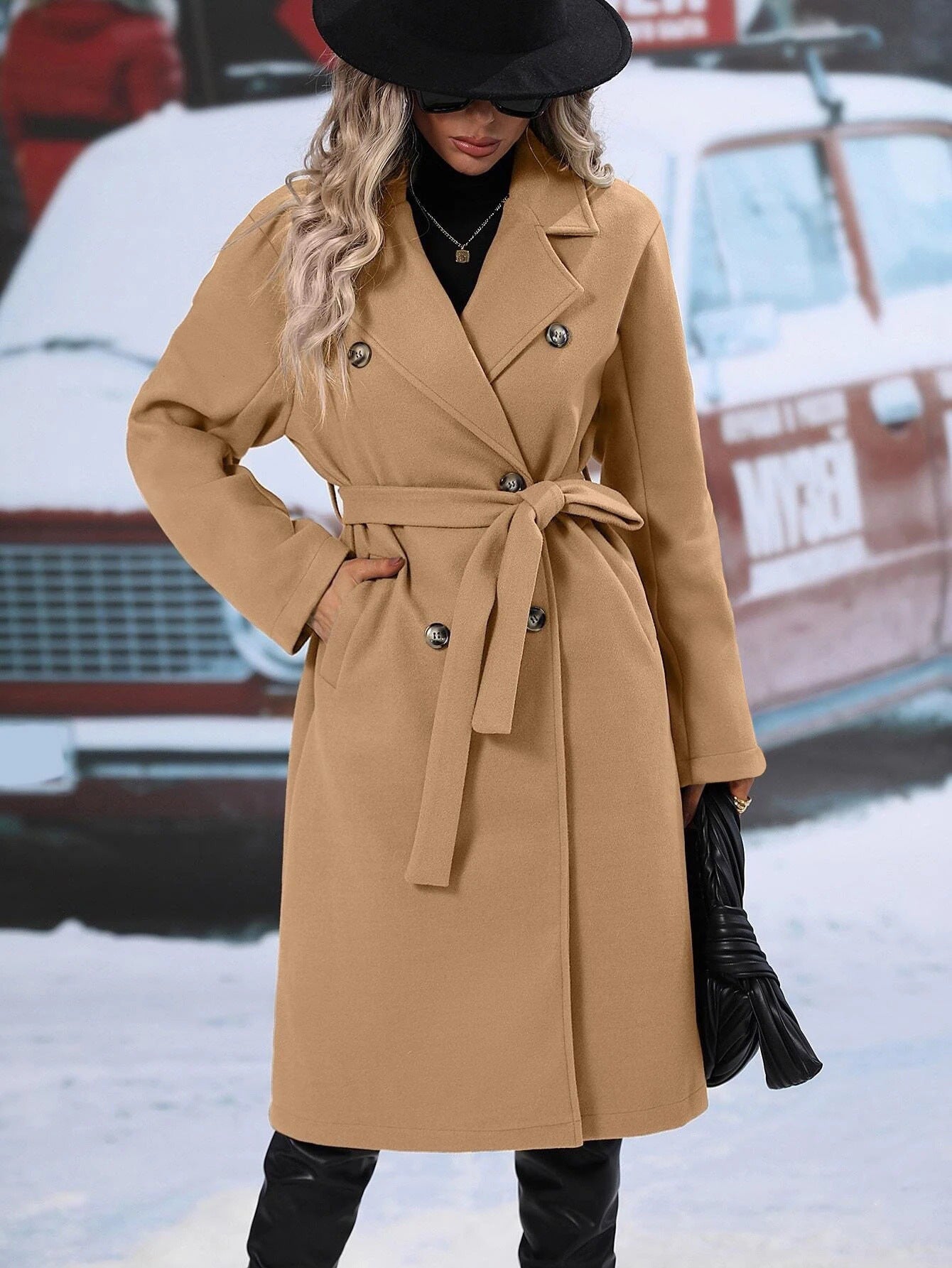 Damen eleganter Wollmantel mit doppelter Knopfleiste und Taillengürtel Stalluxe