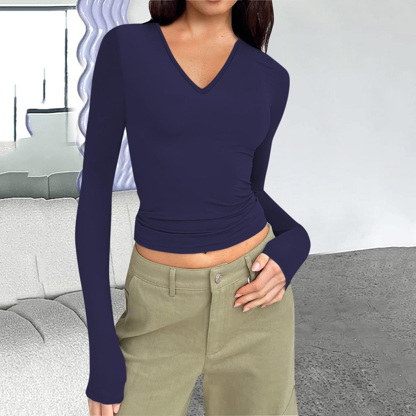 Damen Langarmshirt mit V-Ausschnitt und figurbetonendem Schnitt Stalluxe