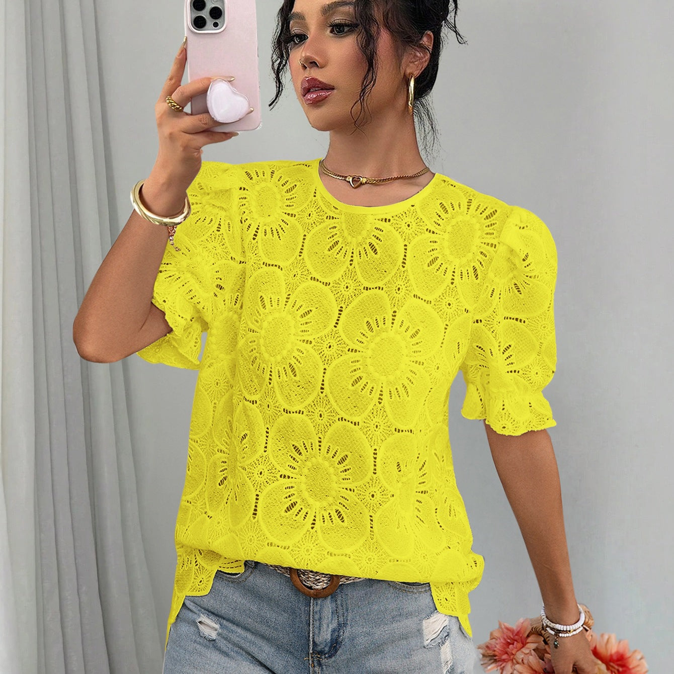 Damen Spitzenbluse mit Blumenspitze und elastischen Puffärmeln Stalluxe