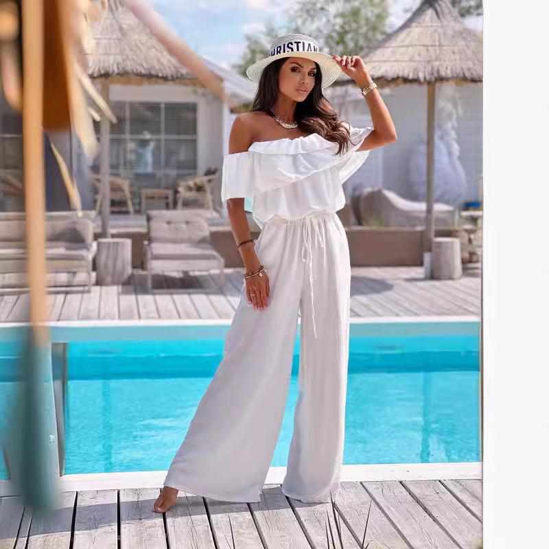 Damen Eleganter Off-Shoulder Jumpsuit mit weitem Bein und Rüschendetails Stalluxe