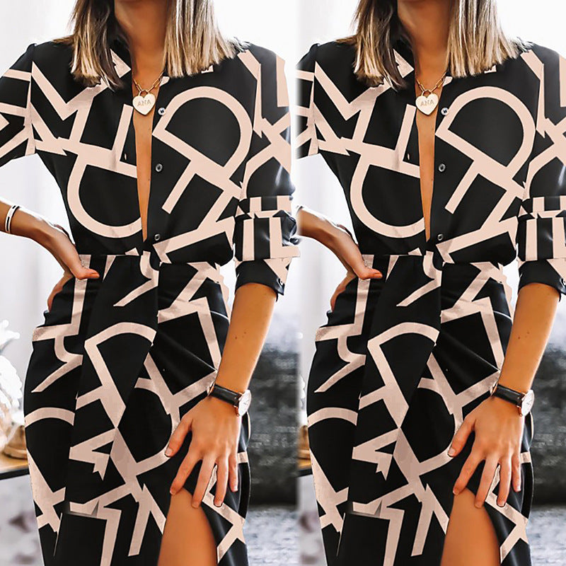 Damen Langarm Kleid mit grafischem Muster und elegantem Wickeldesign Stalluxe
