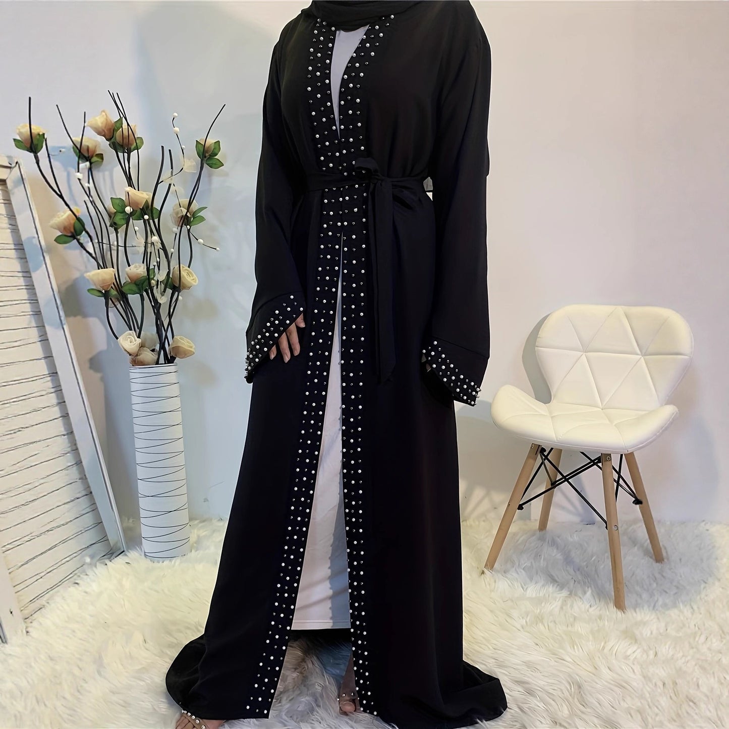 Damen elegante Abaya mit aufwendigen Strassdetails und Taillengürtel Stalluxe