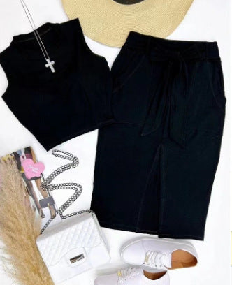 Damen Set aus tailliertem Crop-Top und Hochbund-Rock mit Gürtel Stalluxe