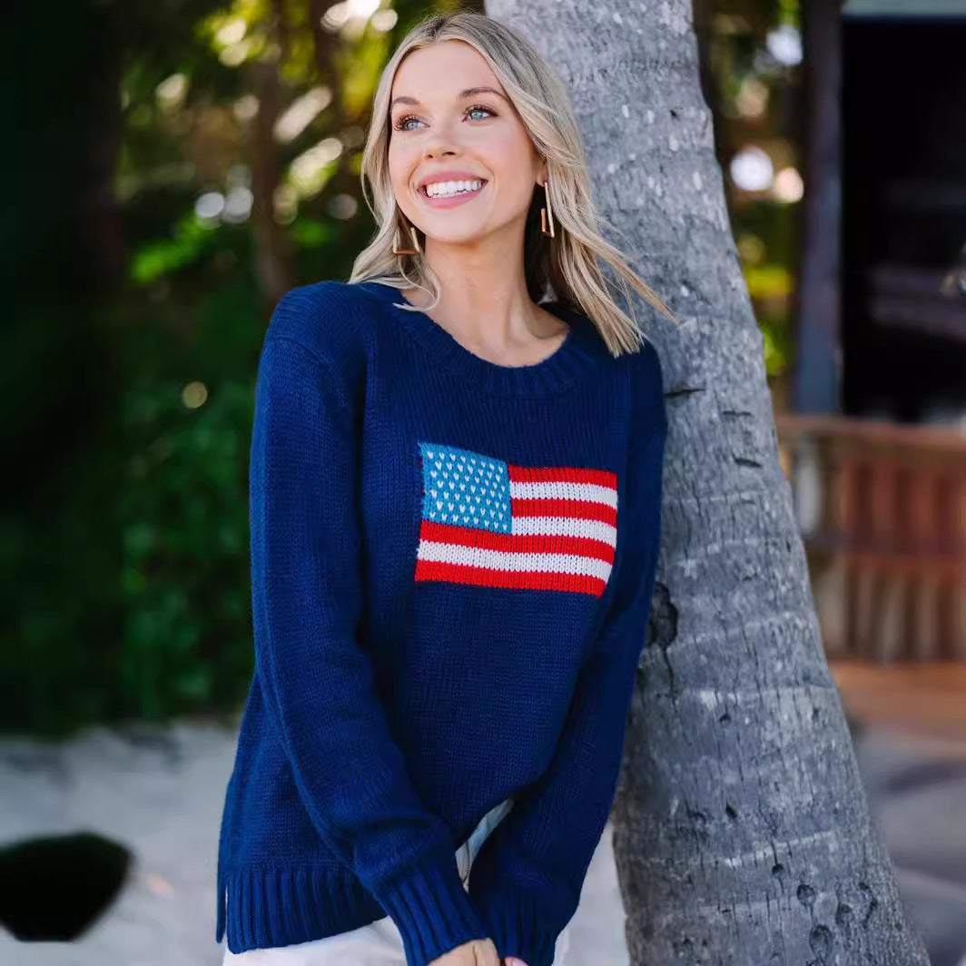 Damen trendiger Pullover mit USA-Flaggenstickerei aus luftiger Baumwolle Stalluxe