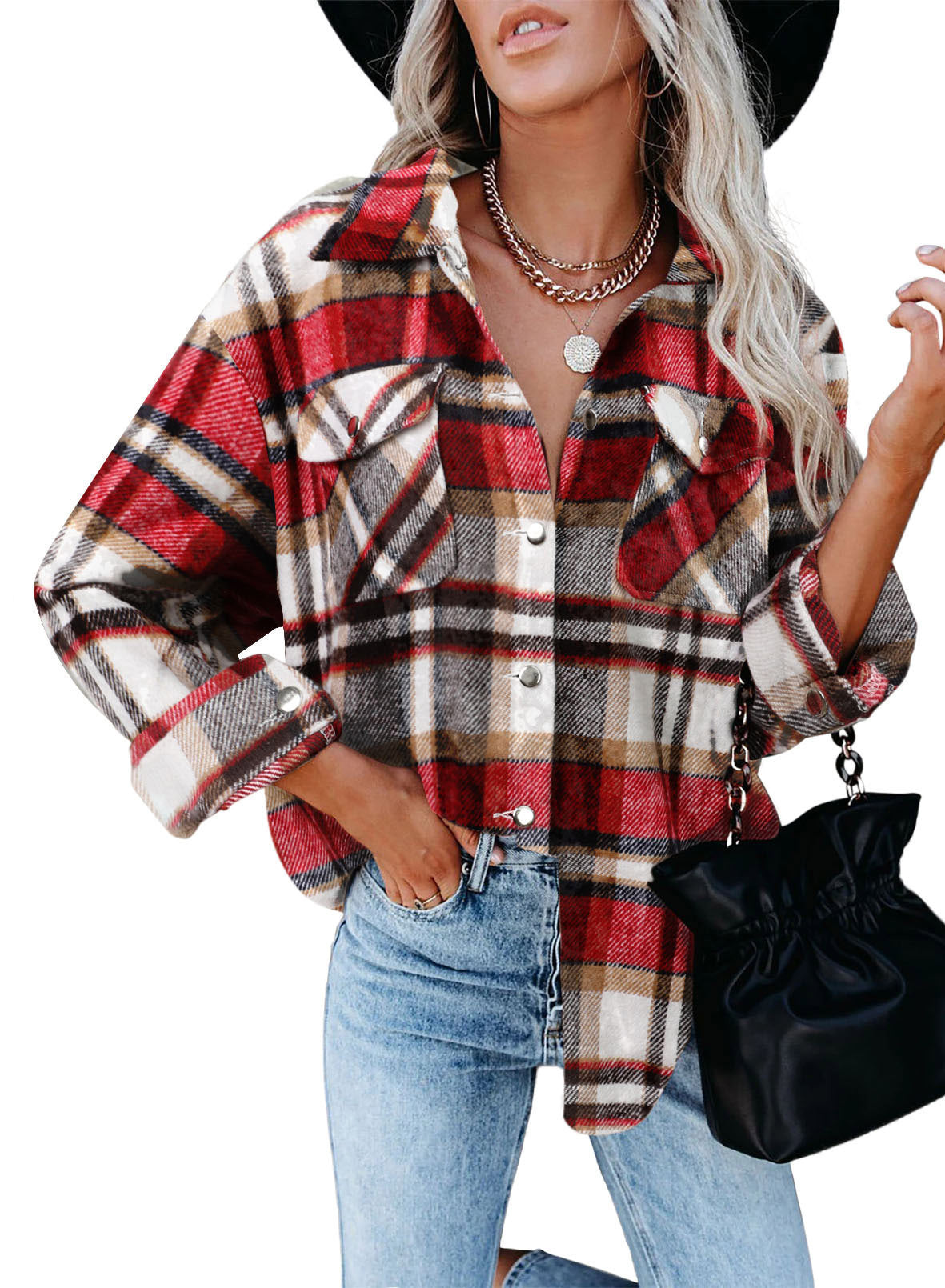 Damen Karo-Hemdenjacke im Oversized-Stil mit Druckknopfverschluss Stalluxe