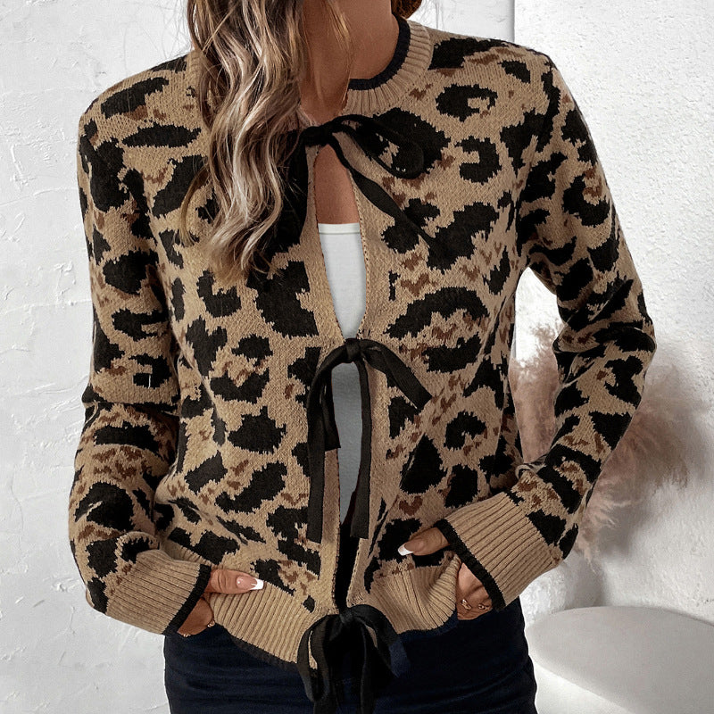 Damen Leo-Muster Strickjacke mit Bändern Stalluxe