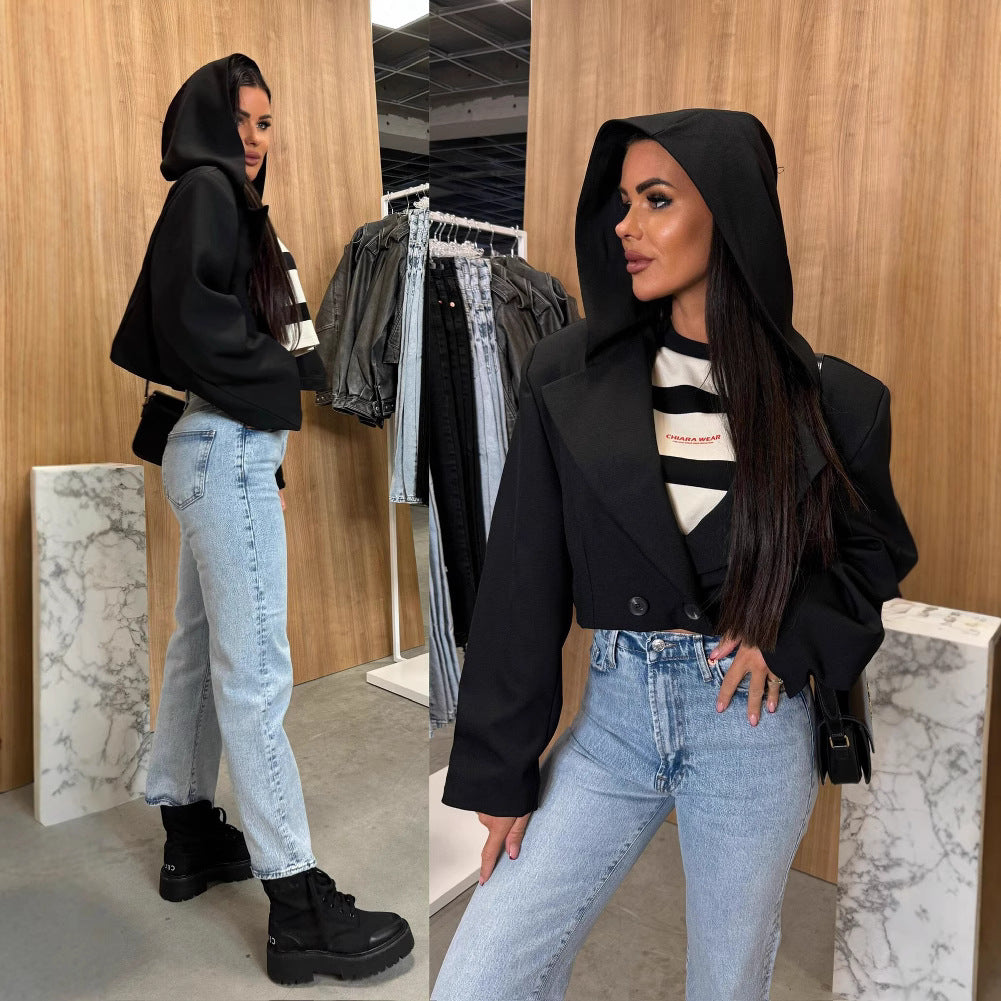 Damen Eleganter Mantel mit Kapuze und doppelter Knopfleiste Stalluxe