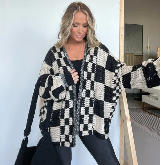 Damen Übergroße Karomuster-Strickjacke mit Taschen Stalluxe