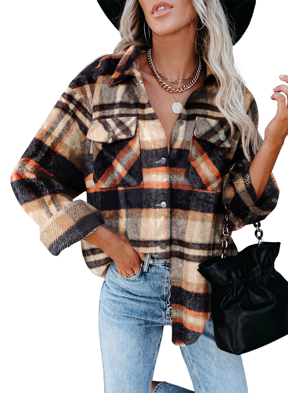 Damen Karo-Hemdenjacke im Oversized-Stil mit Druckknopfverschluss Stalluxe